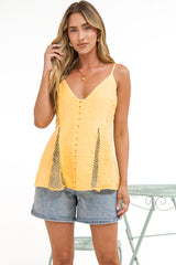 Andros Cami - V Neck Button Down Top with Crochet Net Insert Pants in Yellow