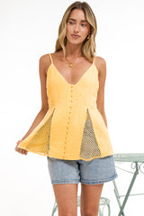 Andros Cami - V Neck Button Down Top with Crochet Net Insert Pants in Yellow
