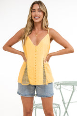 Andros Cami - V Neck Button Down Top with Crochet Net Insert Pants in Yellow