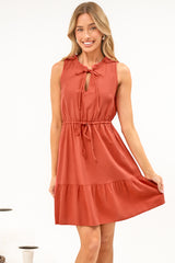 Angie Mini Dress - Sleeveless Frill Collar Dress with Drawstring Waist in Rust