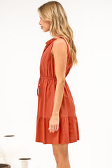 Angie Mini Dress - Sleeveless Frill Collar Dress with Drawstring Waist in Rust