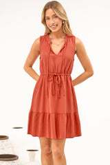 Angie Mini Dress - Sleeveless Frill Collar Dress with Drawstring Waist in Rust