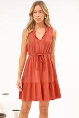 Angie Mini Dress - Sleeveless Frill Collar Dress with Drawstring Waist in Rust