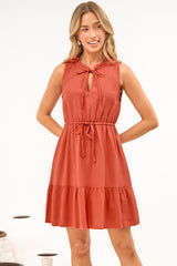 Angie Mini Dress - Sleeveless Frill Collar Dress with Drawstring Waist in Rust