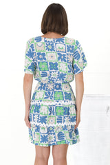 Anica Mini Dress - A Line Tie Waist Dress with Rick Rack Splicing in Nissa Print Blue