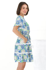 Anica Mini Dress - A Line Tie Waist Dress with Rick Rack Splicing in Nissa Print Blue