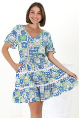 Anica Mini Dress - A Line Tie Waist Dress with Rick Rack Splicing in Nissa Print Blue