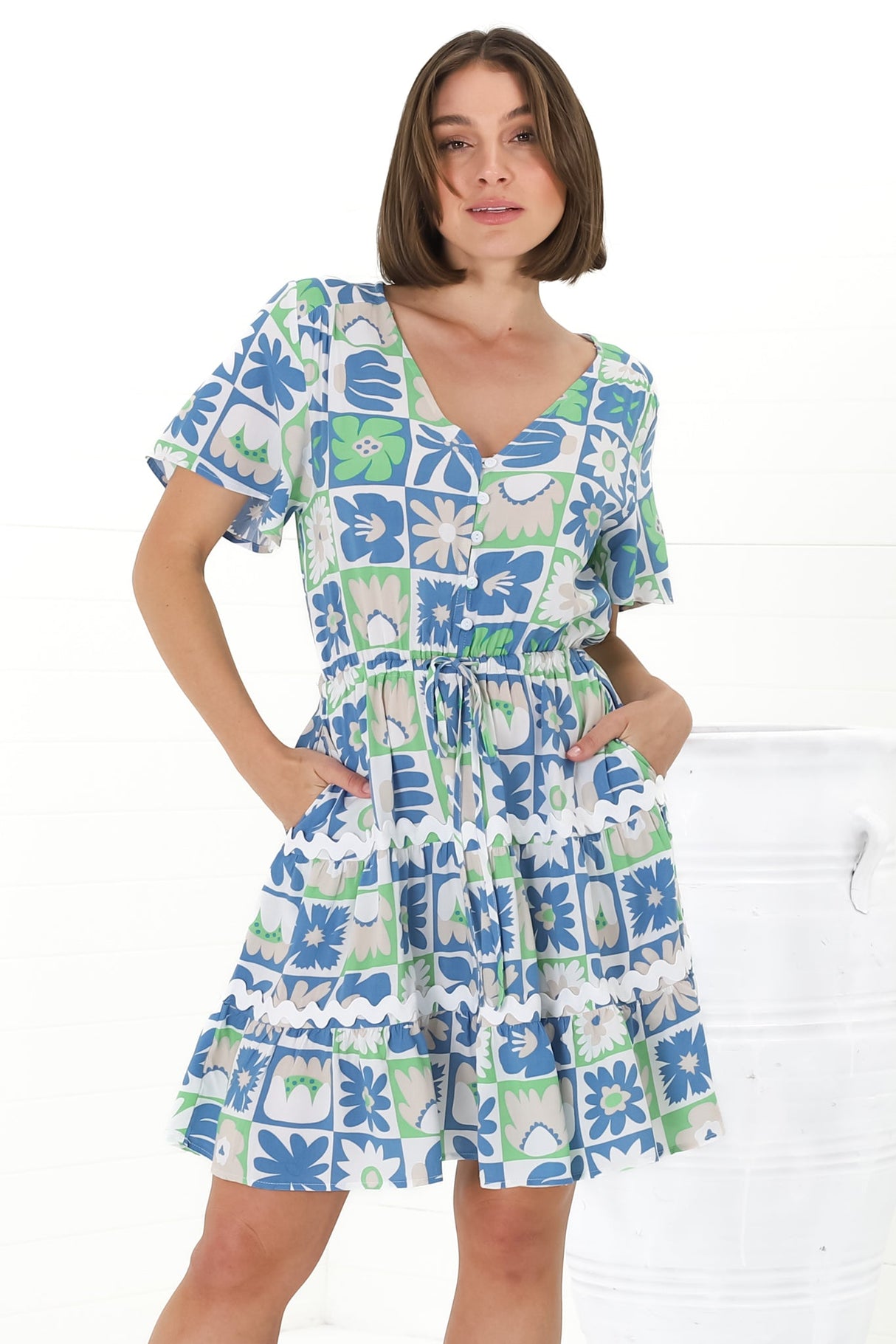 Anica Mini Dress - A Line Tie Waist Dress with Rick Rack Splicing in Nissa Print Blue