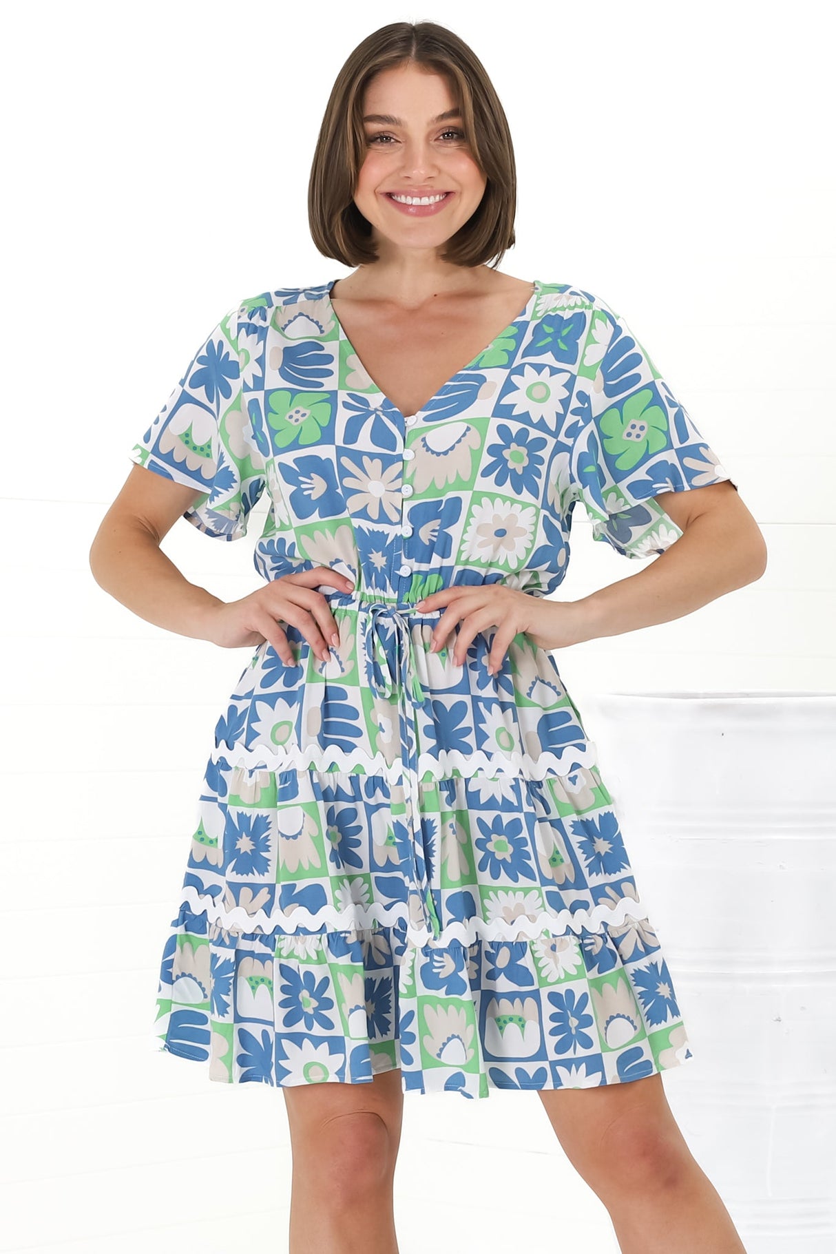 Anica Mini Dress - A Line Tie Waist Dress with Rick Rack Splicing in Nissa Print Blue