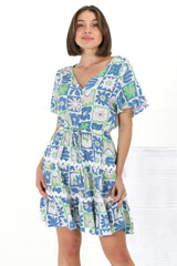 Anica Mini Dress - A Line Tie Waist Dress with Rick Rack Splicing in Nissa Print Blue