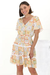 Anica Mini Dress - A Line Tie Waist Dress with Rick Rack Splicing in Nissa Print Yellow