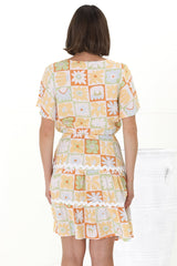 Anica Mini Dress - A Line Tie Waist Dress with Rick Rack Splicing in Nissa Print Yellow