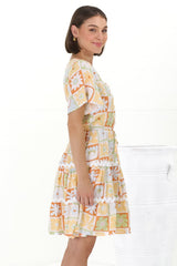 Anica Mini Dress - A Line Tie Waist Dress with Rick Rack Splicing in Nissa Print Yellow