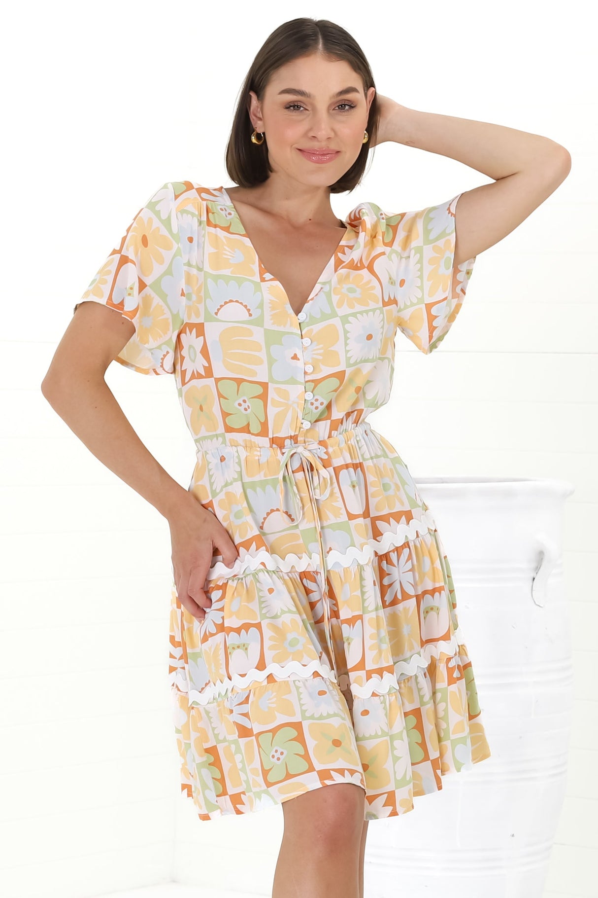 Anica Mini Dress - A Line Tie Waist Dress with Rick Rack Splicing in Nissa Print Yellow