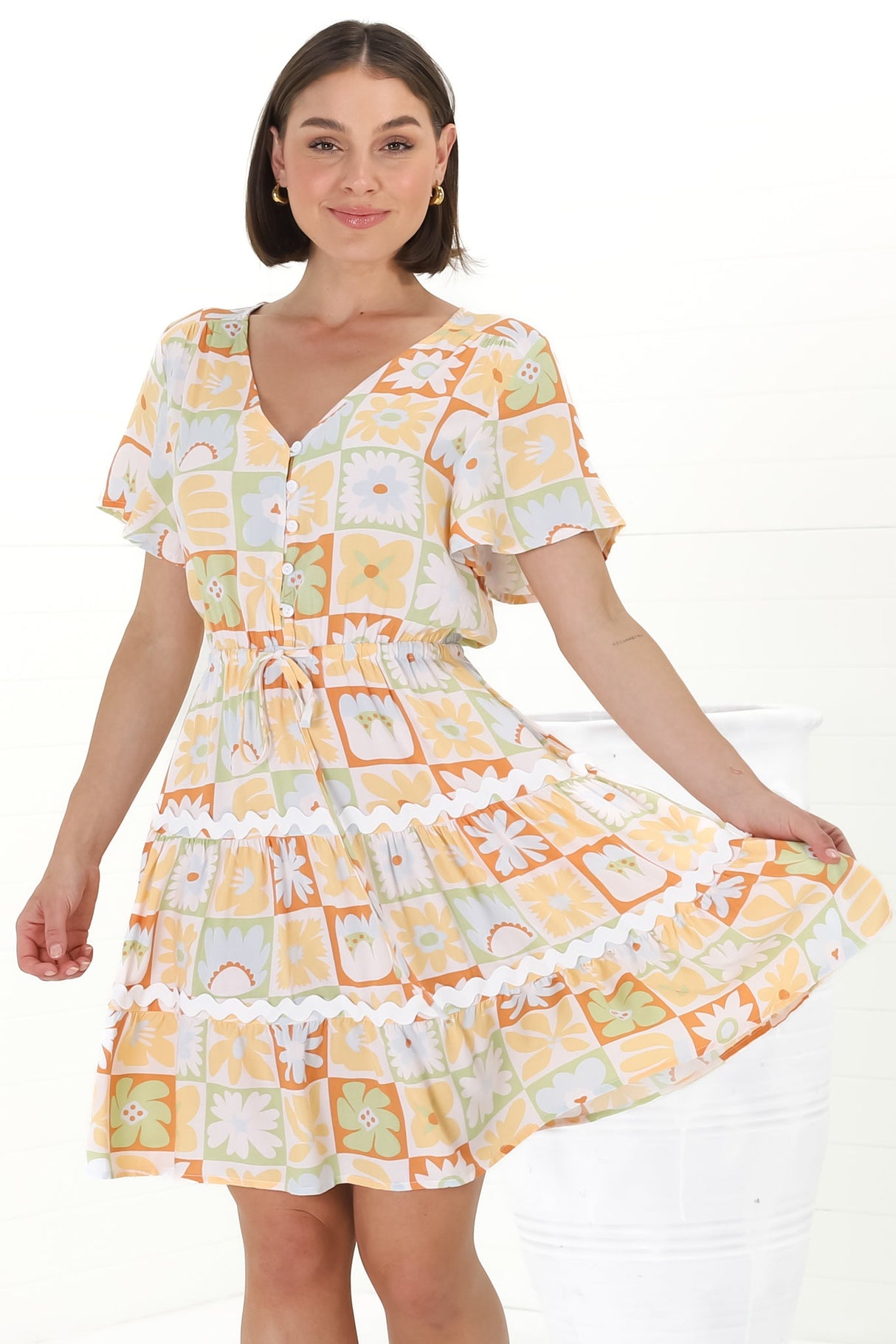 Anica Mini Dress - A Line Tie Waist Dress with Rick Rack Splicing in Nissa Print Yellow