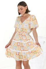 Anica Mini Dress - A Line Tie Waist Dress with Rick Rack Splicing in Nissa Print Yellow