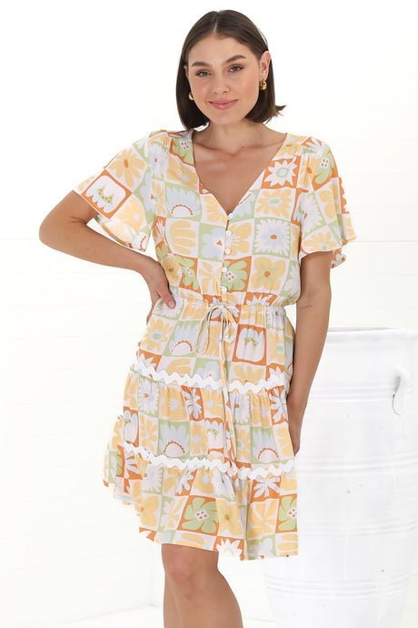 Anica Mini Dress - A Line Tie Waist Dress with Rick Rack Splicing in Nissa Print Yellow