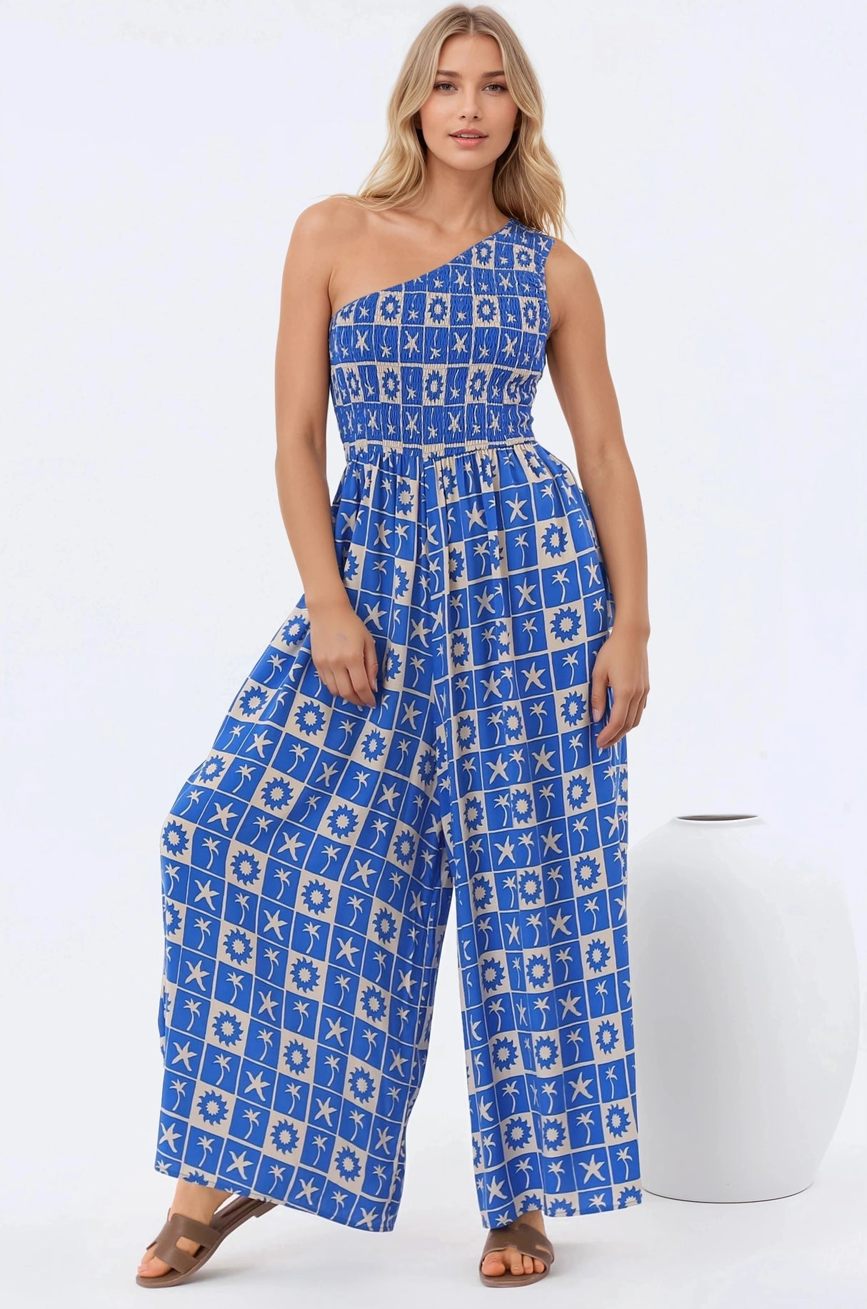 Anisa Jumpsuit - One Shoulder Elasticated Bodice Jumpsuit in Talia Print