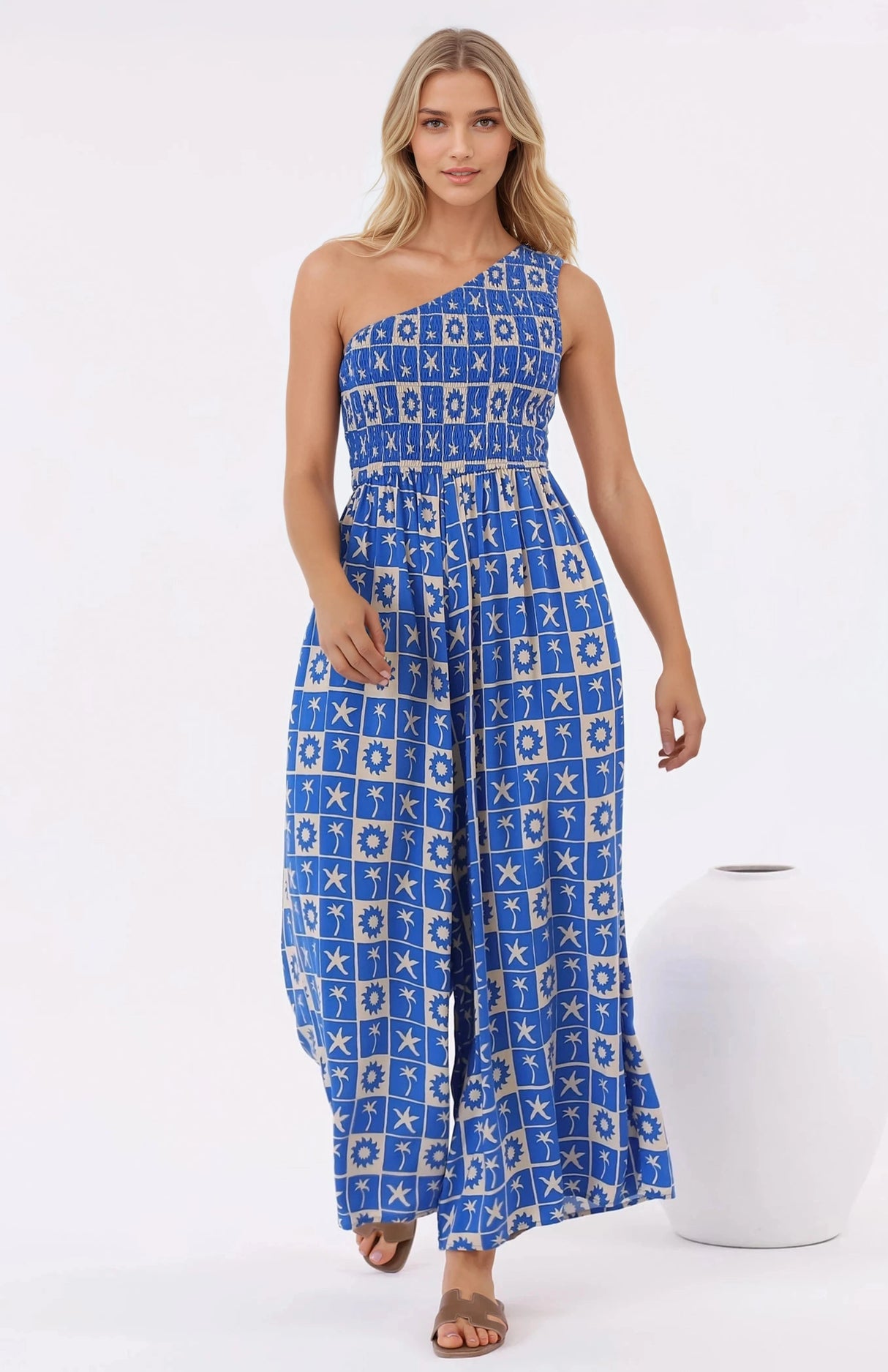 Anisa Jumpsuit - One Shoulder Elasticated Bodice Jumpsuit in Talia Print