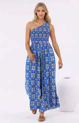 Anisa Jumpsuit - One Shoulder Elasticated Bodice Jumpsuit in Talia Print