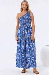Anisa Jumpsuit - One Shoulder Elasticated Bodice Jumpsuit in Talia Print