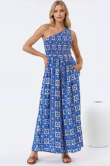 Anisa Jumpsuit - One Shoulder Elasticated Bodice Jumpsuit in Talia Print