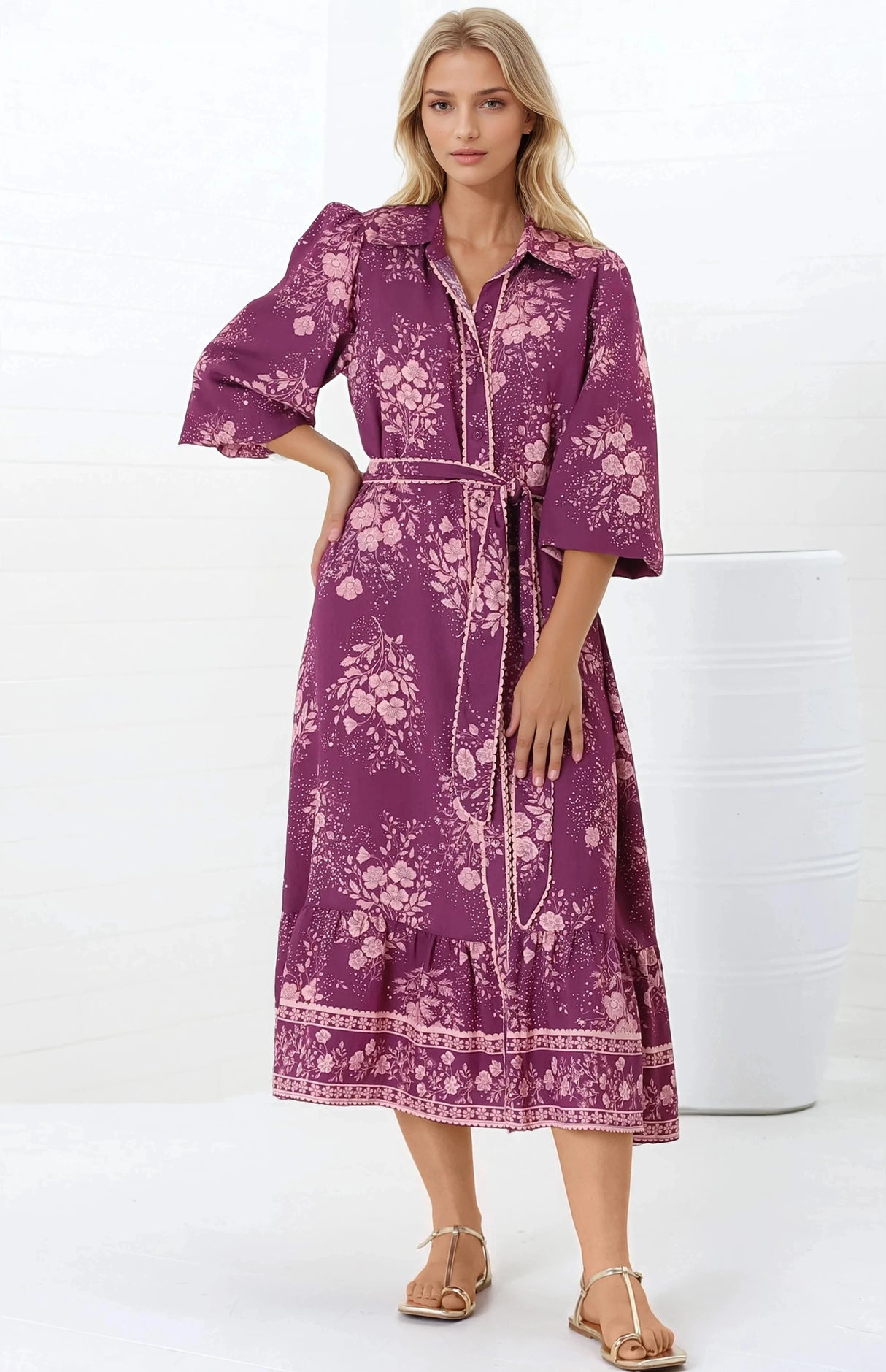 Anita Midi Dress - Button-Down Shirt Dress in Briella Print Berry