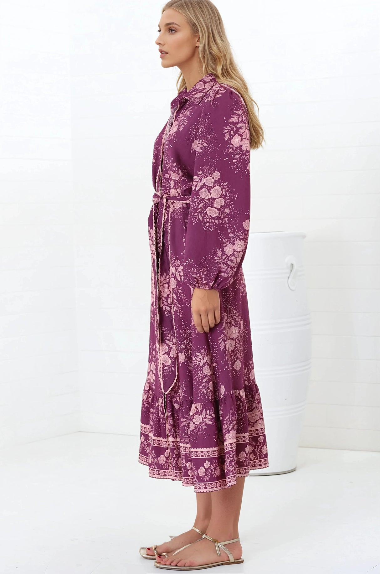 Anita Midi Dress - Button-Down Shirt Dress in Briella Print Berry