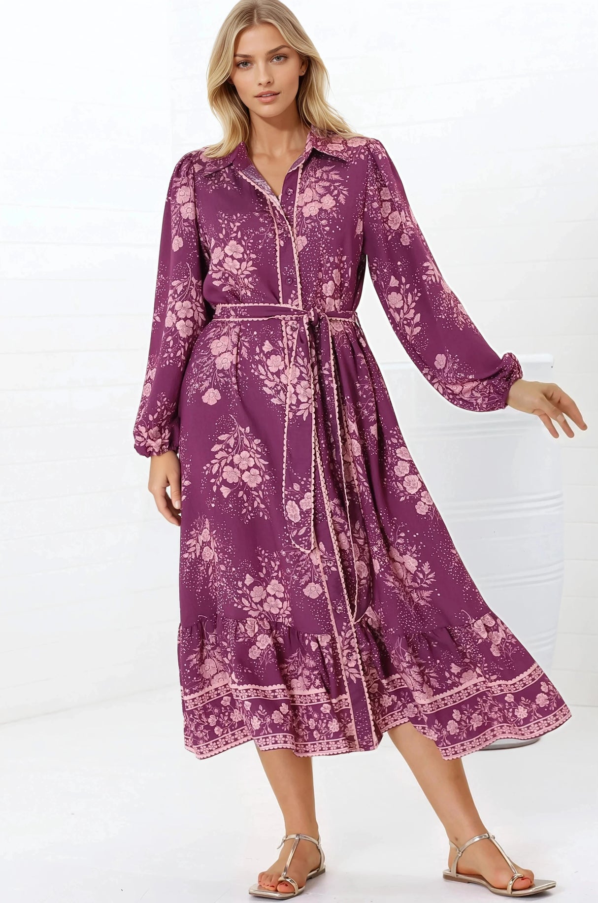 Anita Midi Dress - Button-Down Shirt Dress in Briella Print Berry