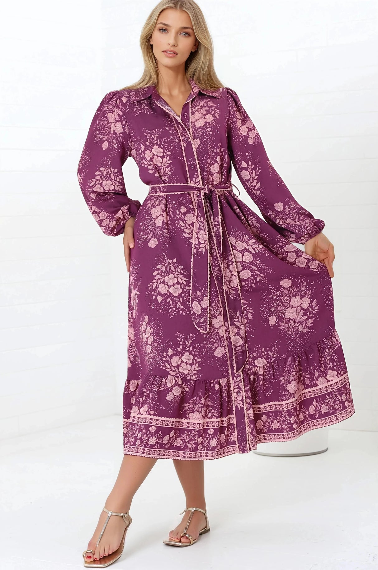 Anita Midi Dress - Button-Down Shirt Dress in Briella Print Berry