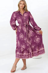 Anita Midi Dress - Button-Down Shirt Dress in Briella Print Berry