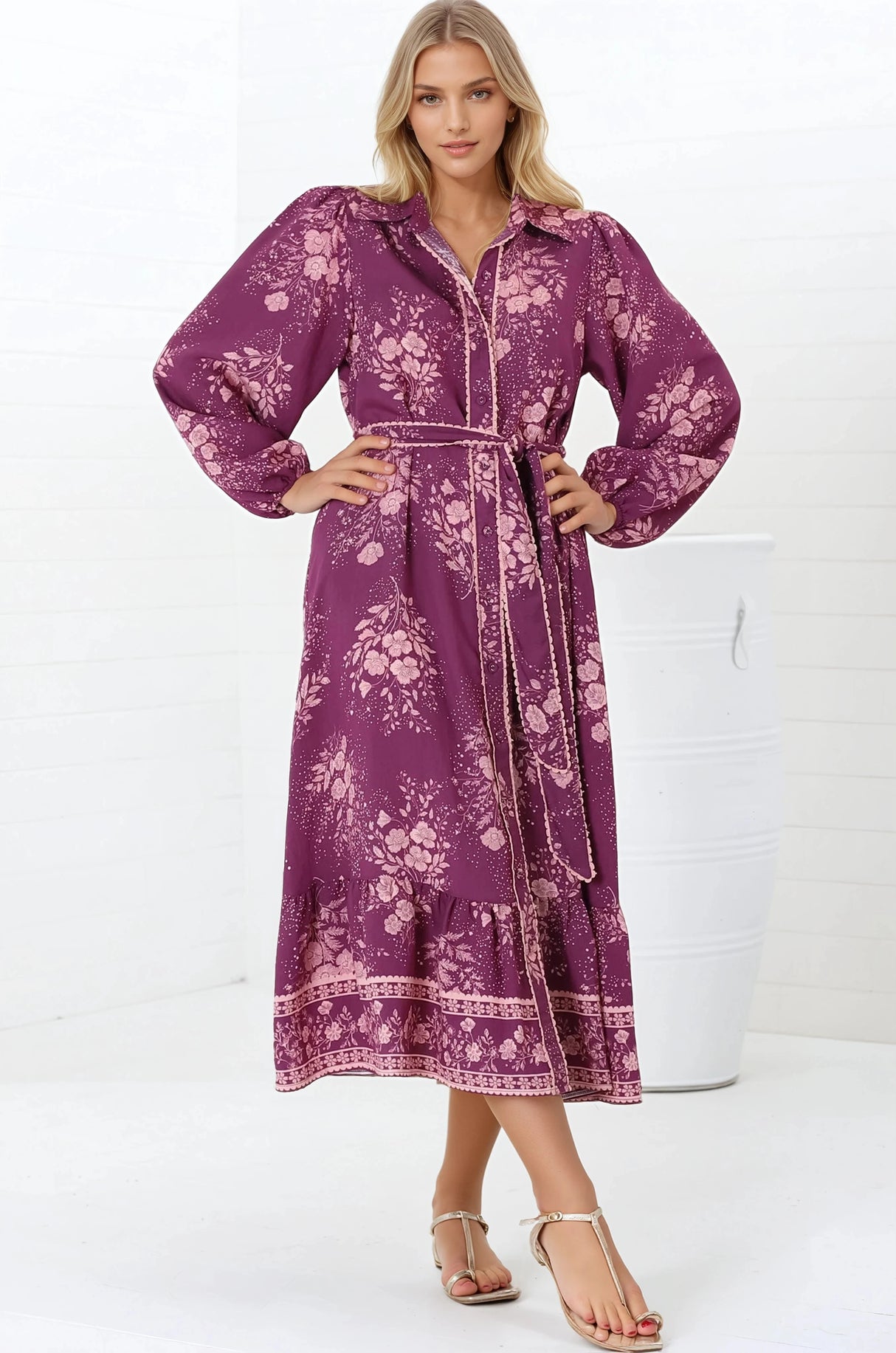 Anita Midi Dress - Button-Down Shirt Dress in Briella Print Berry