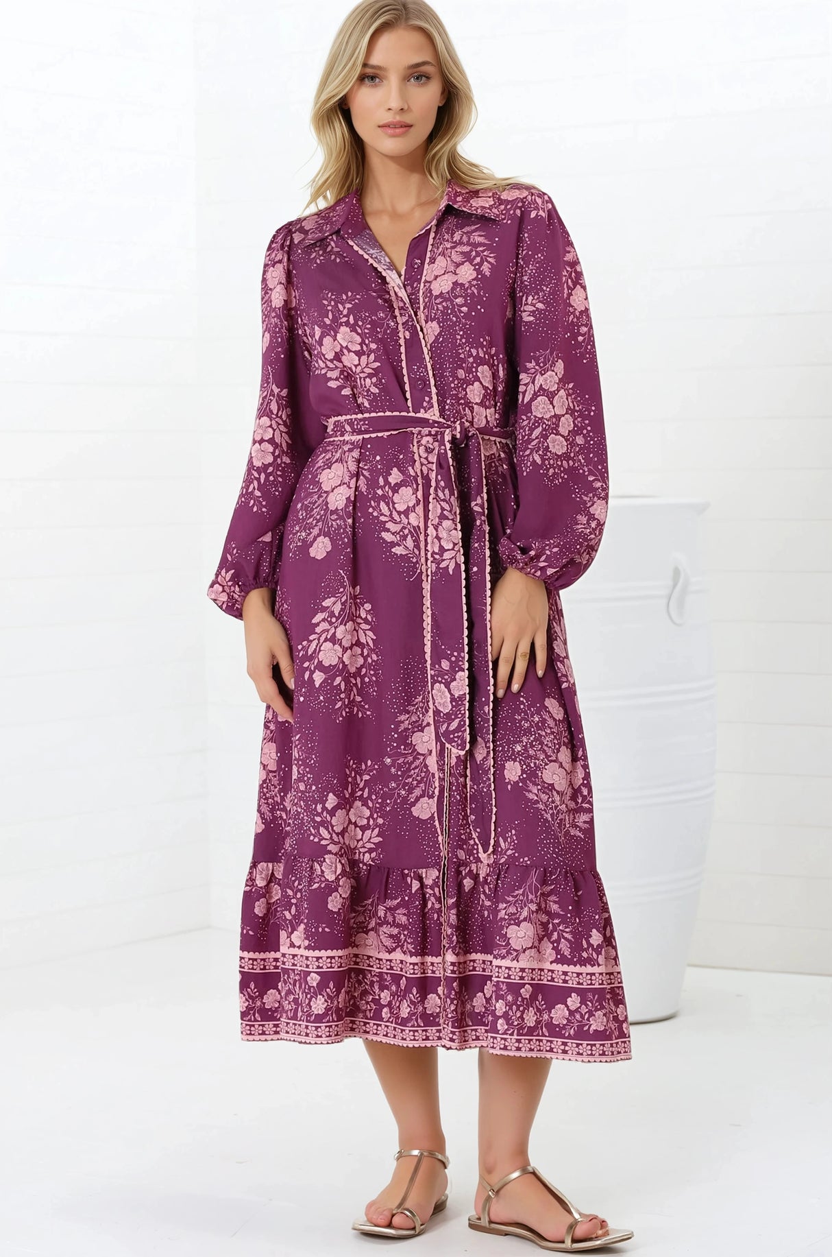 Anita Midi Dress - Button-Down Shirt Dress in Briella Print Berry