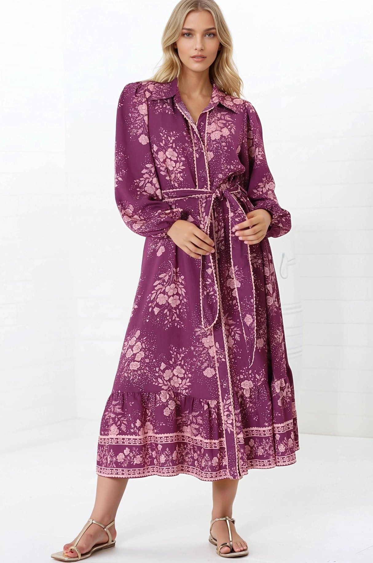 Anita Midi Dress - Button-Down Shirt Dress in Briella Print Berry