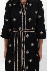 Anita Midi Dress - Button-Down Shirt Dress with Embroidery Detailing in Yara Print Black