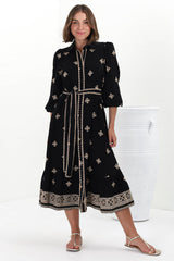 Anita Midi Dress - Button-Down Shirt Dress with Embroidery Detailing in Yara Print Black