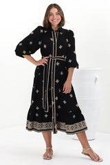 Anita Midi Dress - Button-Down Shirt Dress with Embroidery Detailing in Yara Print Black