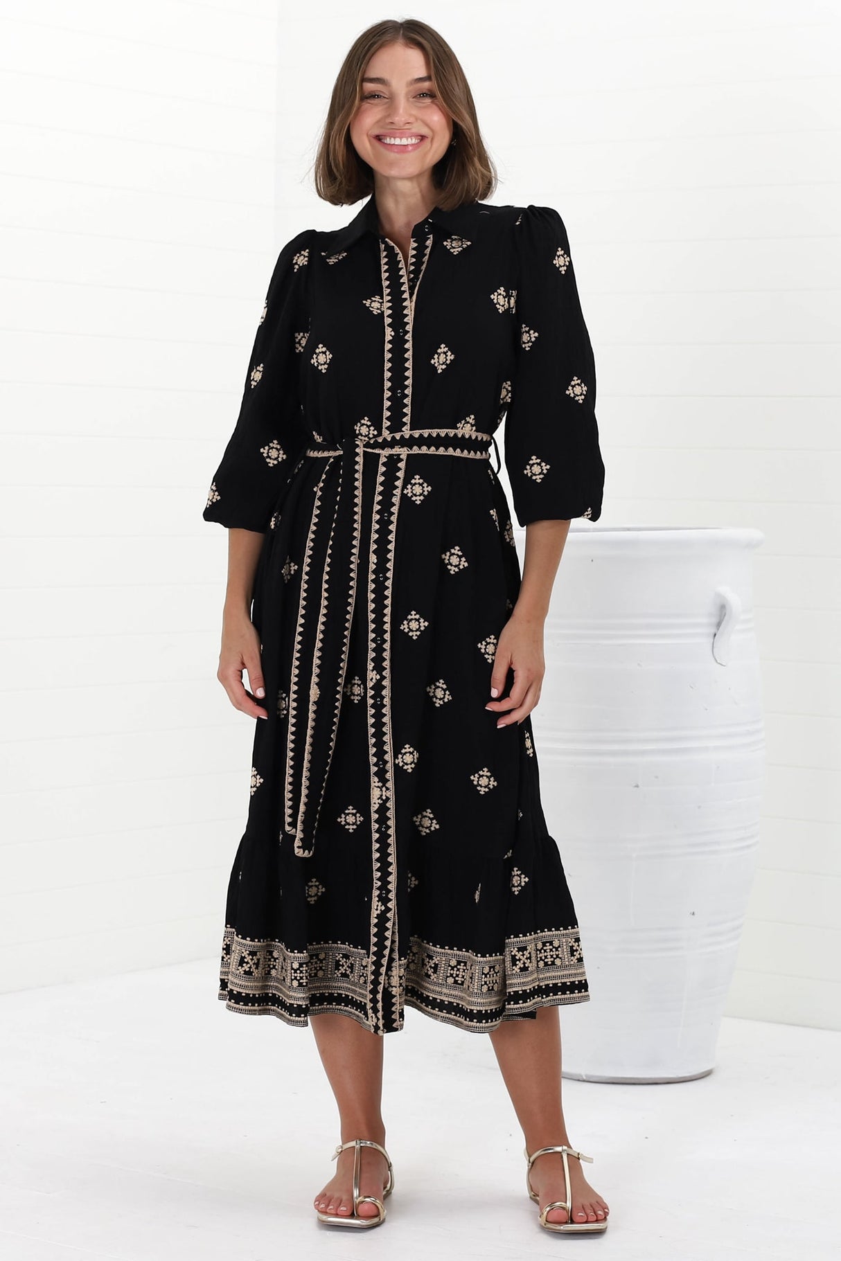 Anita Midi Dress - Button-Down Shirt Dress with Embroidery Detailing in Yara Print Black