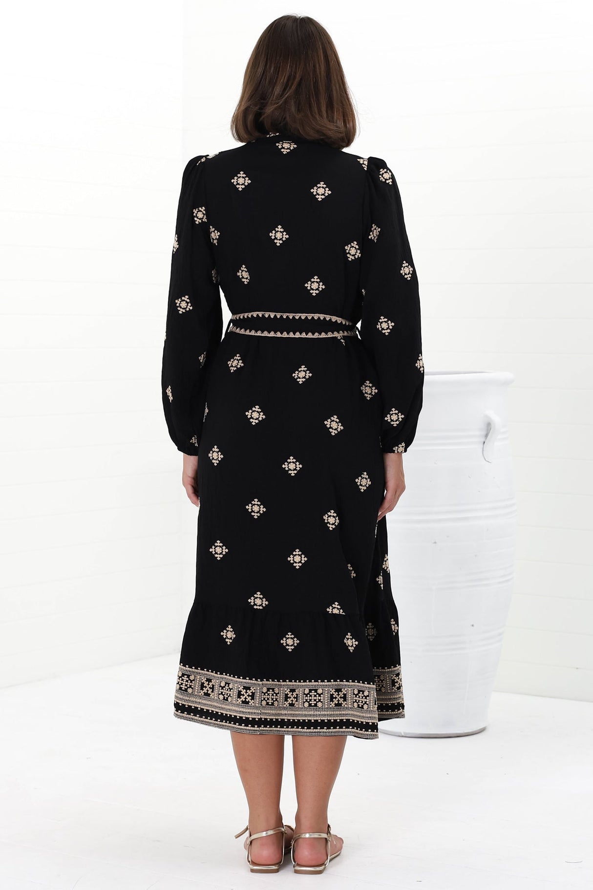 Anita Midi Dress - Button-Down Shirt Dress with Embroidery Detailing in Yara Print Black