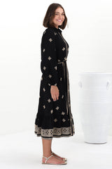 Anita Midi Dress - Button-Down Shirt Dress with Embroidery Detailing in Yara Print Black