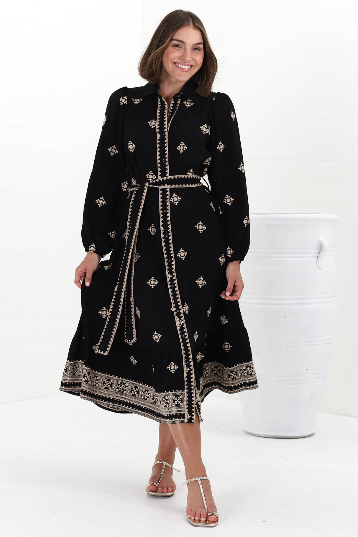 Anita Midi Dress - Button-Down Shirt Dress with Embroidery Detailing in Yara Print Black