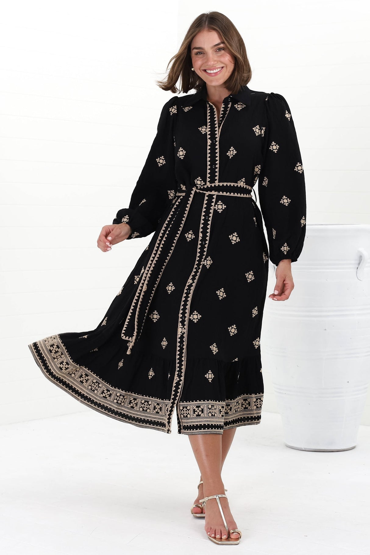 Anita Midi Dress - Button-Down Shirt Dress with Embroidery Detailing in Yara Print Black