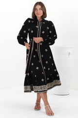 Anita Midi Dress - Button-Down Shirt Dress with Embroidery Detailing in Yara Print Black