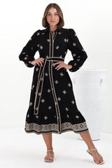 Anita Midi Dress - Button-Down Shirt Dress with Embroidery Detailing in Yara Print Black