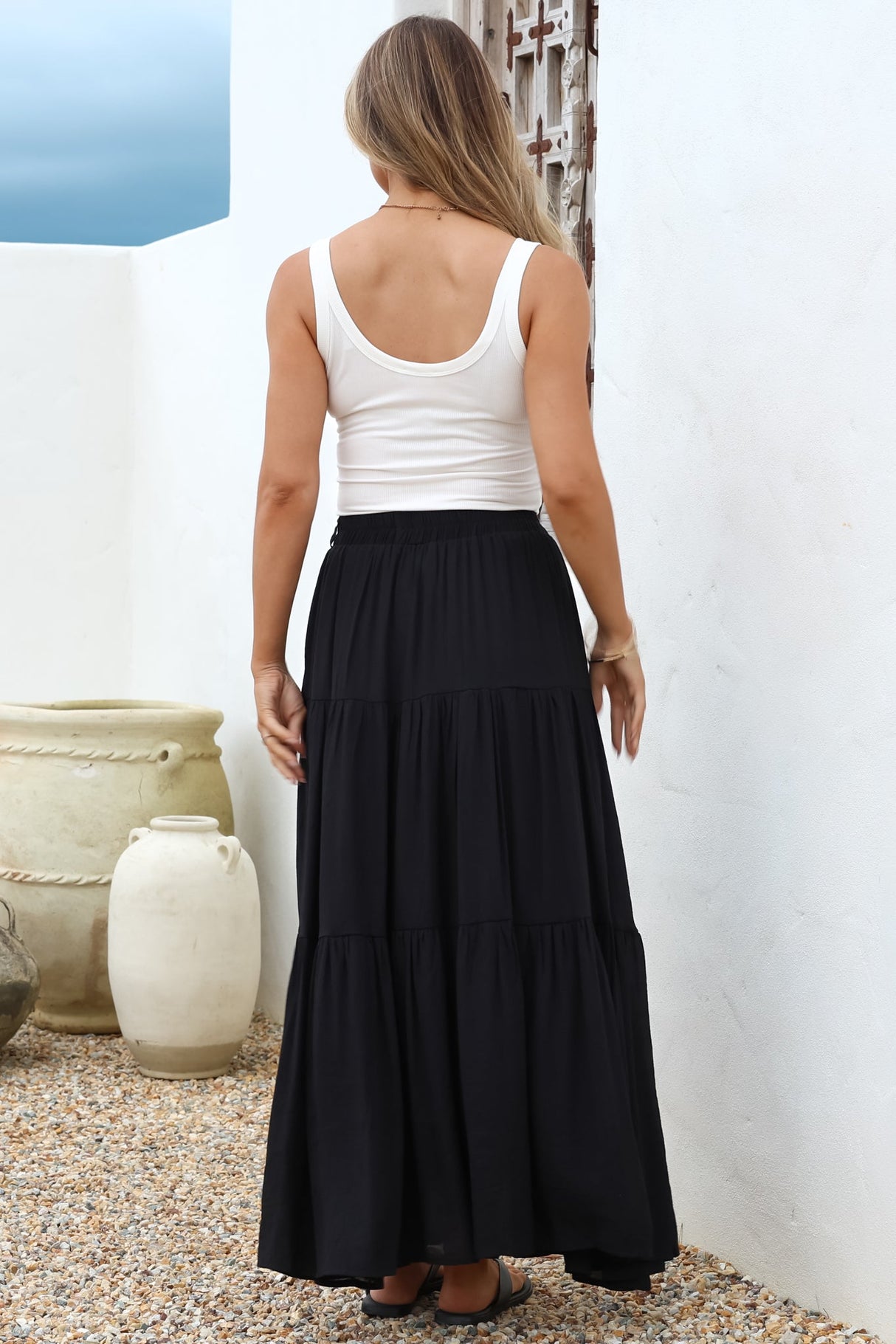 Anka Maxi Skirt - High Waisted Tiered A-Line Skirt in Black
