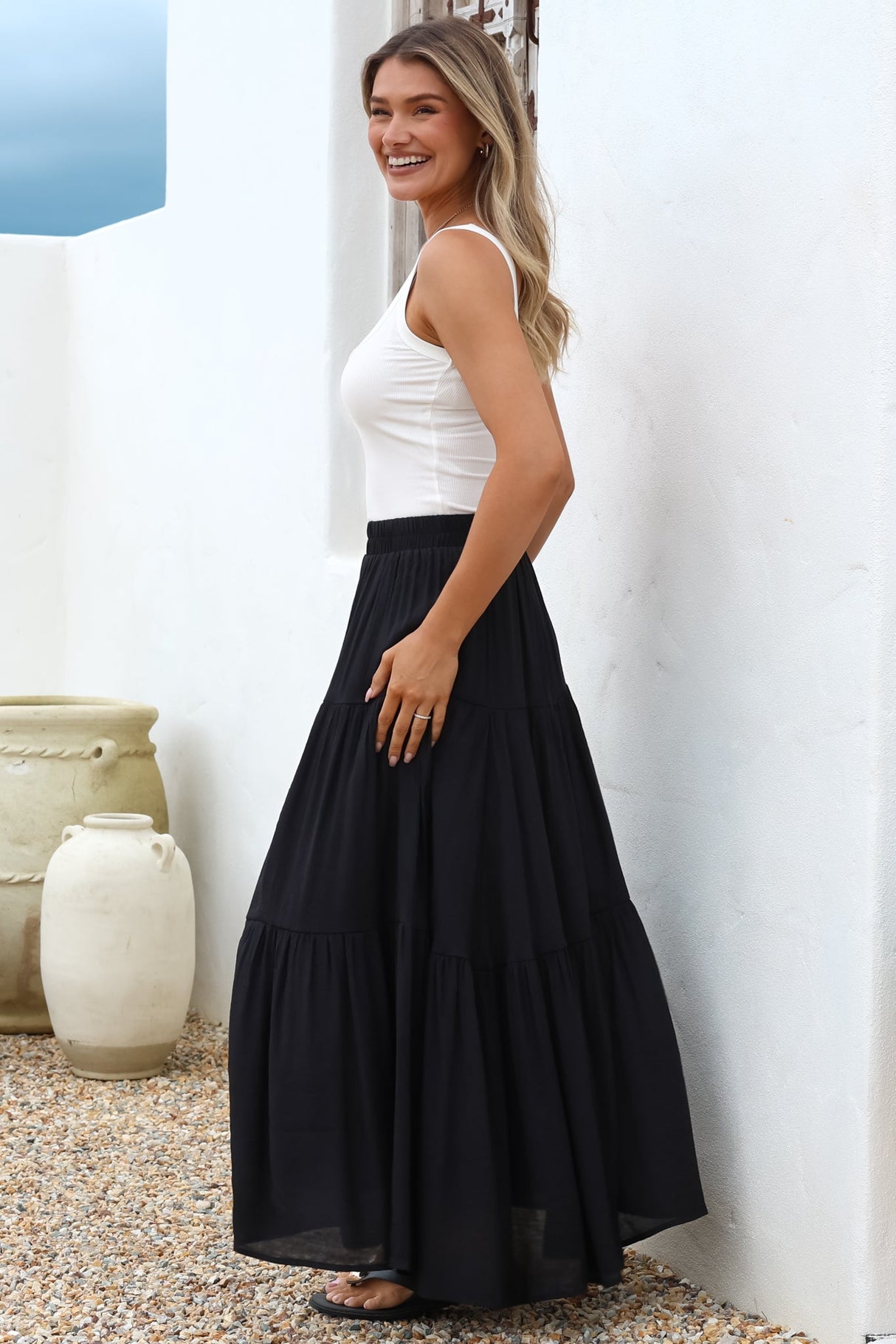 Anka Maxi Skirt - High Waisted Tiered A-Line Skirt in Black