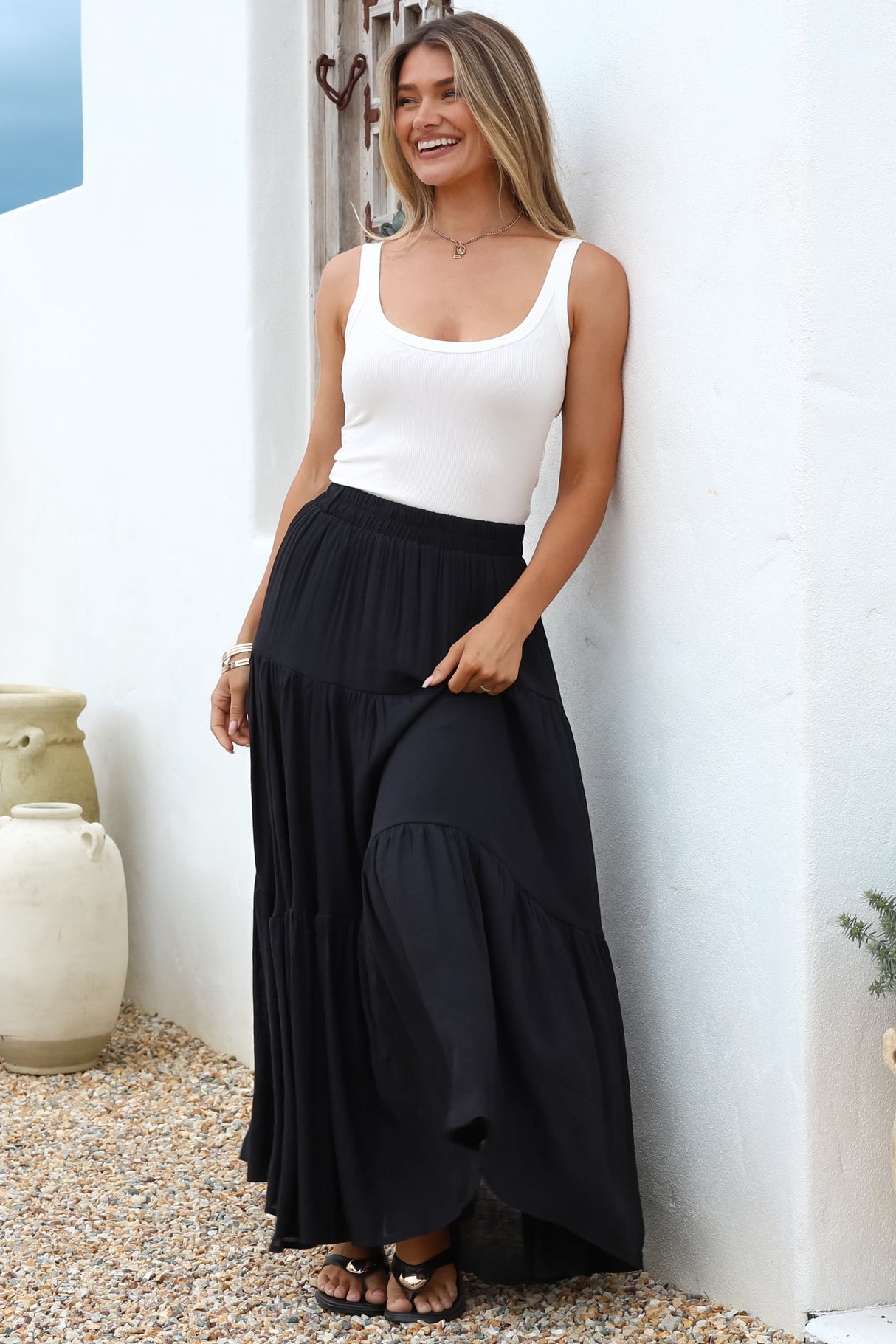 Anka Maxi Skirt - High Waisted Tiered A-Line Skirt in Black