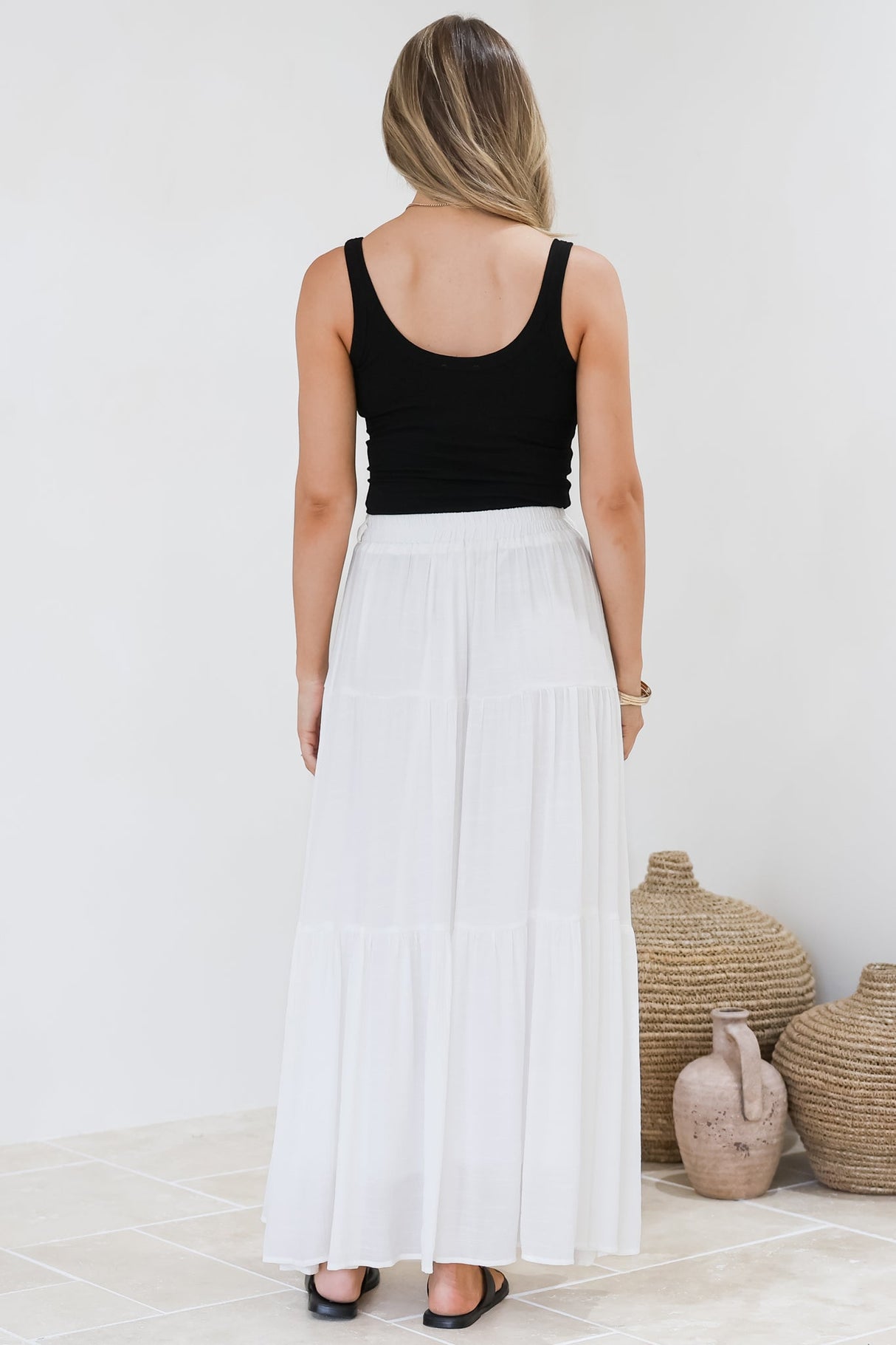 Anka Maxi Skirt - High Waisted Tiered A-Line Skirt in White