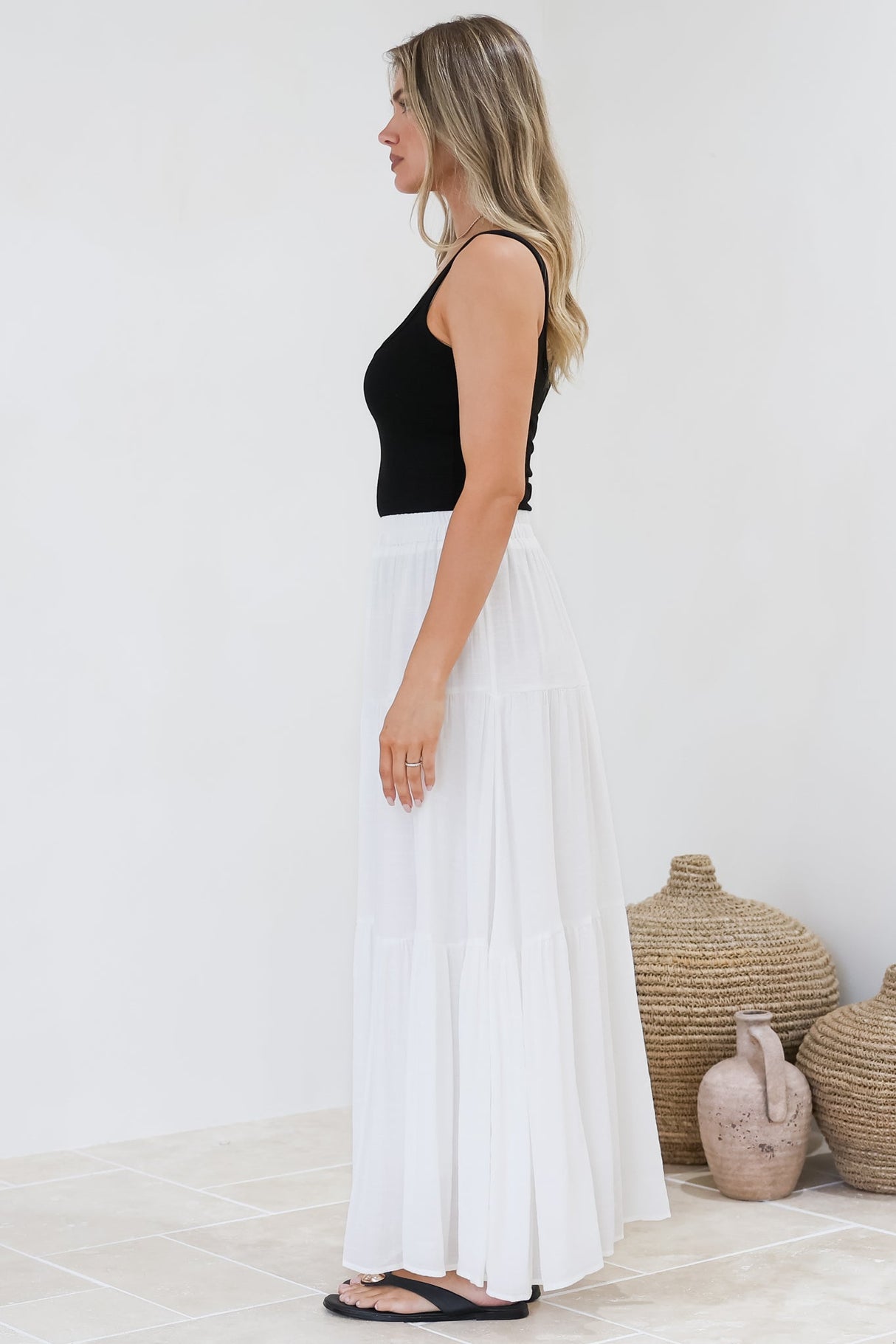 Anka Maxi Skirt - High Waisted Tiered A-Line Skirt in White