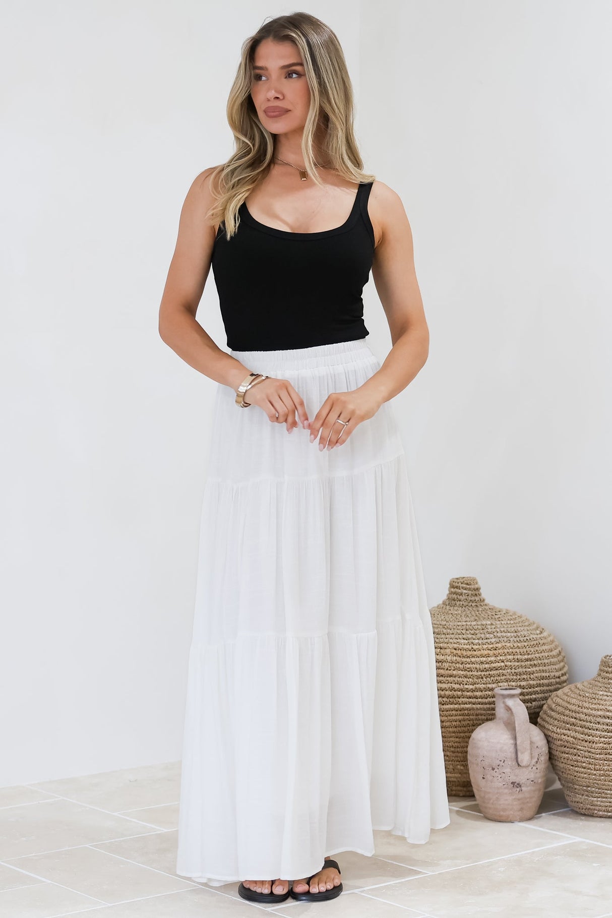 Anka Maxi Skirt - High Waisted Tiered A-Line Skirt in White
